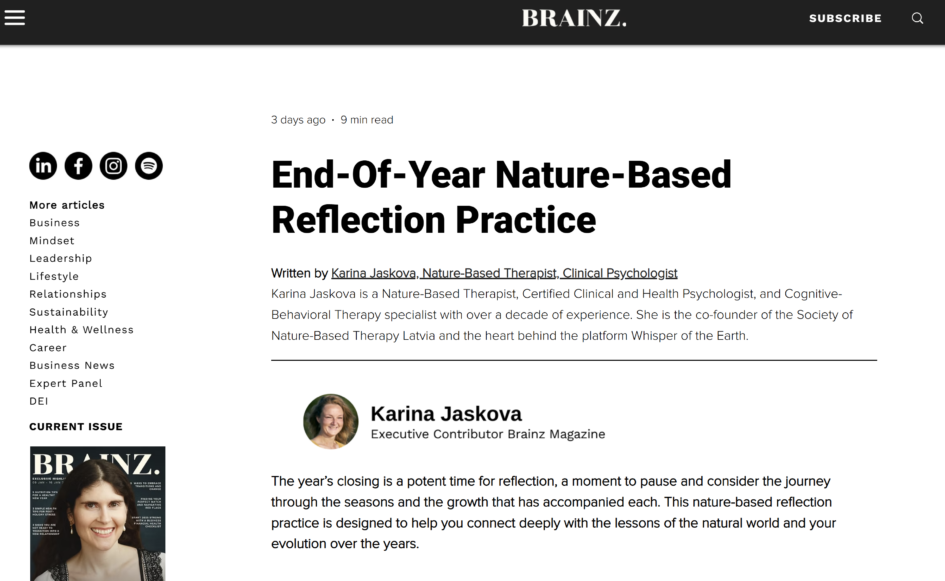 Screenshot of the article End-Of-Year Nature-Based Reflection Practice from Brainz Magazine